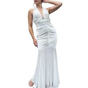 Cache Vintage White Satin Mermaid Open Back Halter Prom Dress Size 6